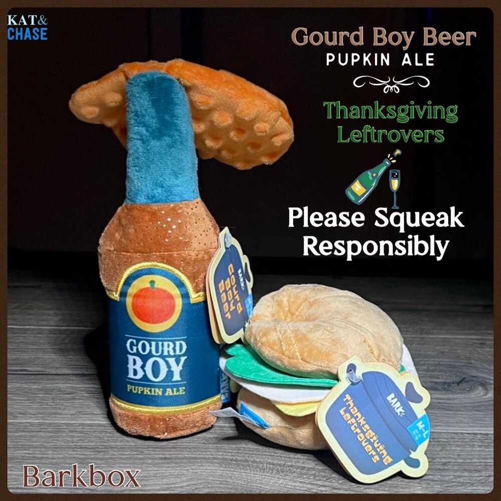 NWT Bark Box Gourd Boy Beer Thanksgiving Leftrovers Potlick Plush M L Dog Toy